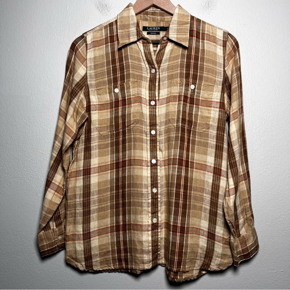 Lauren Ralph Lauren Men 100% Linen Button Down Shirt Small Brown Plaid Preppy - Picture 1 of 8